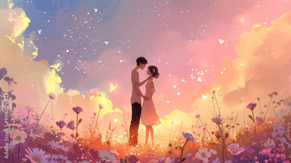 Naklejka premium Couple in love, romantic sunset, flower field, dreamy illustration.