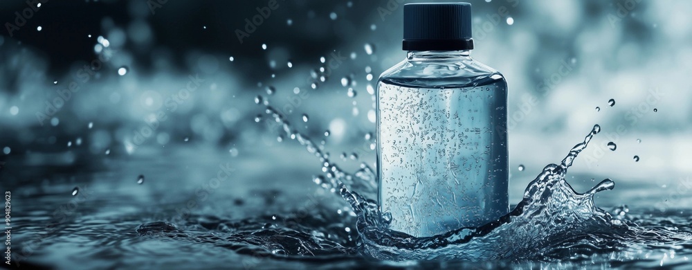 A bottle product of water is sitting in a splash of water A bottle product of water is sitting in a splash of water