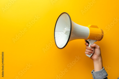 A person holding a yellow and white megaphone in their hand.