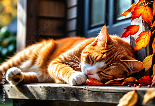 Cat sleeping on a porch of ...