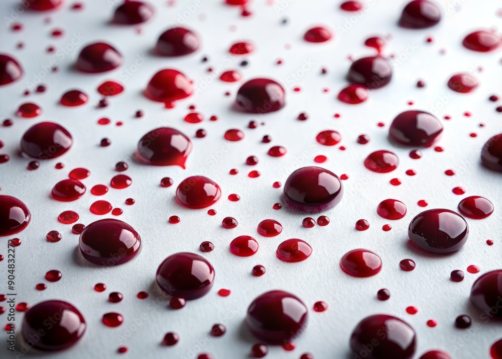 Dark drops of blood scatter across a pristine white surface, forming a stark and eerie pattern of crimson splashes and spots, devoid of any context or origin. Dark drops of blood scatter across a pristine white surface, forming a stark and eerie pattern of crimson splashes and spots, devoid of any context or origin.