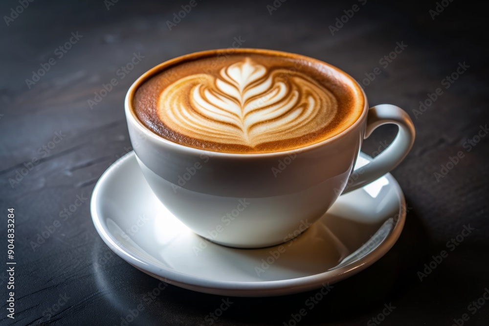 Richly textured velvety milk foam crowns a perfectly poured cappuccino in a modern white cup, set against a dark background, evoking warmth and comfort. Richly textured velvety milk foam crowns a perfectly poured cappuccino in a modern white cup, set against a dark background, evoking warmth and comfort.