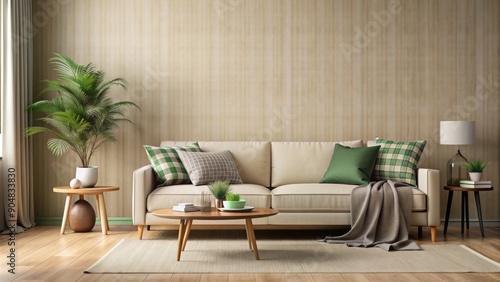 Elegant interior design with beige sofa, coffee table, vase, green plaid, and books amidst a minimalist beige wall backdrop, offering ample copy space for text overlays.