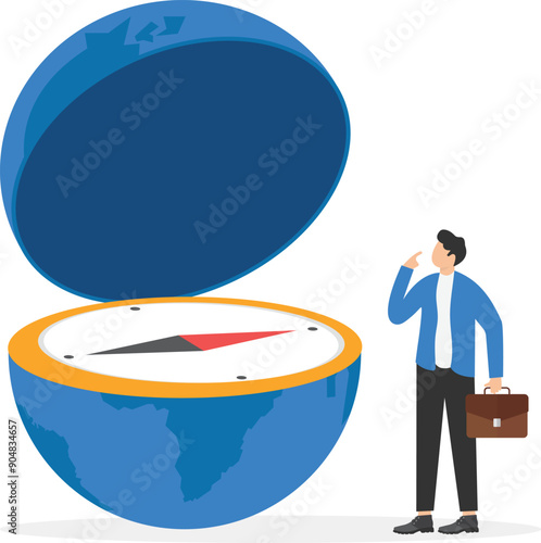 the globe divided into two halves and a compass with a red arrow

