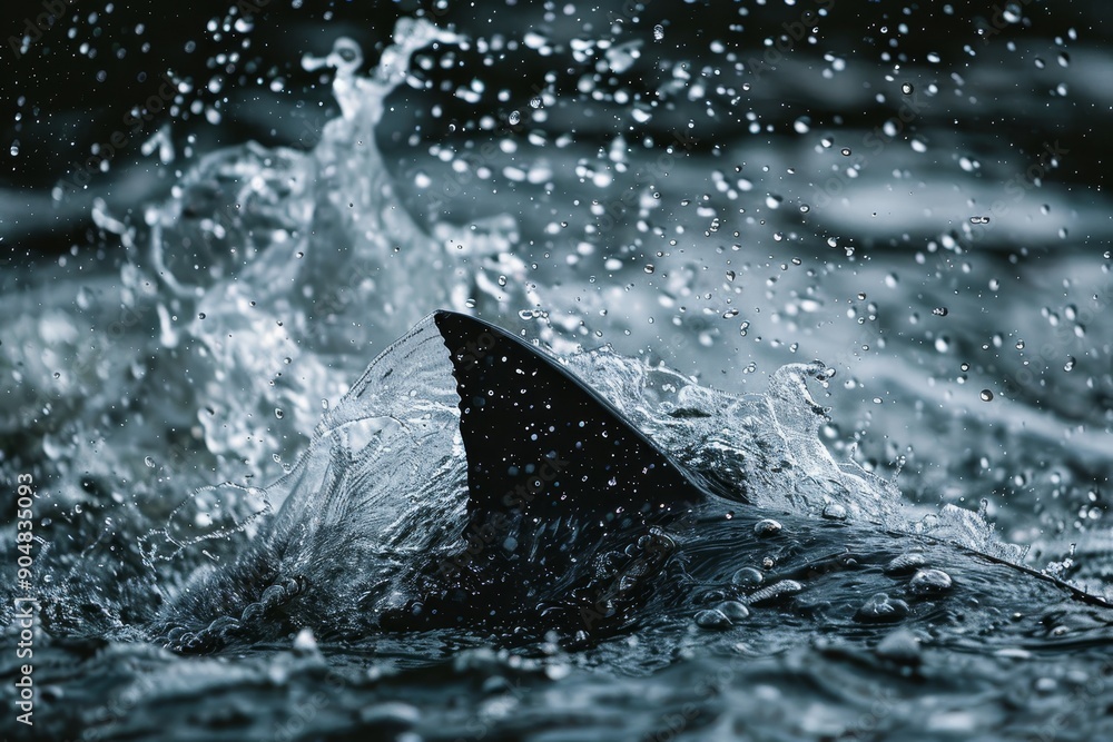 Fototapeta premium A shark with fins cutting through the water, creating splashes, Fins cutting through the water with precision