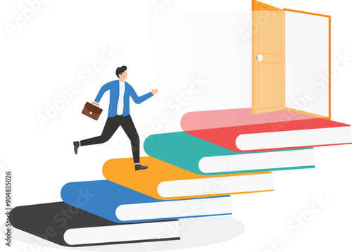a man climbed the stairs from books, a magnifying glass and a sheet of paper, the path to knowledge

