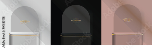 Set of 3D background with stand podium. Black, gold, silver, pink gold with luxury arch shape scene. Abstract minimal wall scene for mockup products display. Vector round stage Showcase. Black friday.