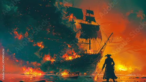 Pirate with Torch on Boat Watching Burning Ship at Sunset, Adventure, Treasure Hunt, Danger, Digital Art, Dramatic Scene, Fantasy Illustration photo