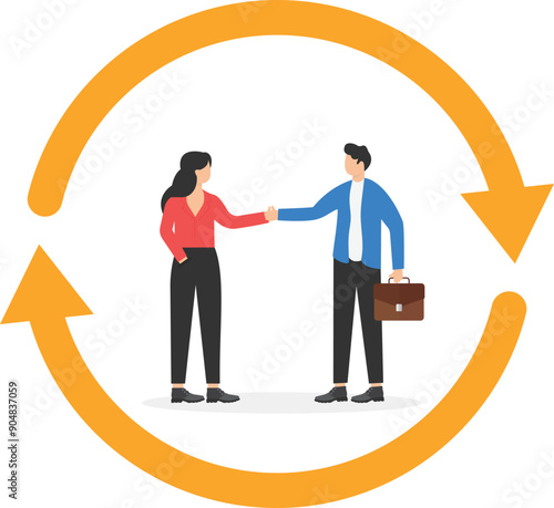 arrows going in a circle and a man shaking hands with a man in business clothes, cooperation of people
