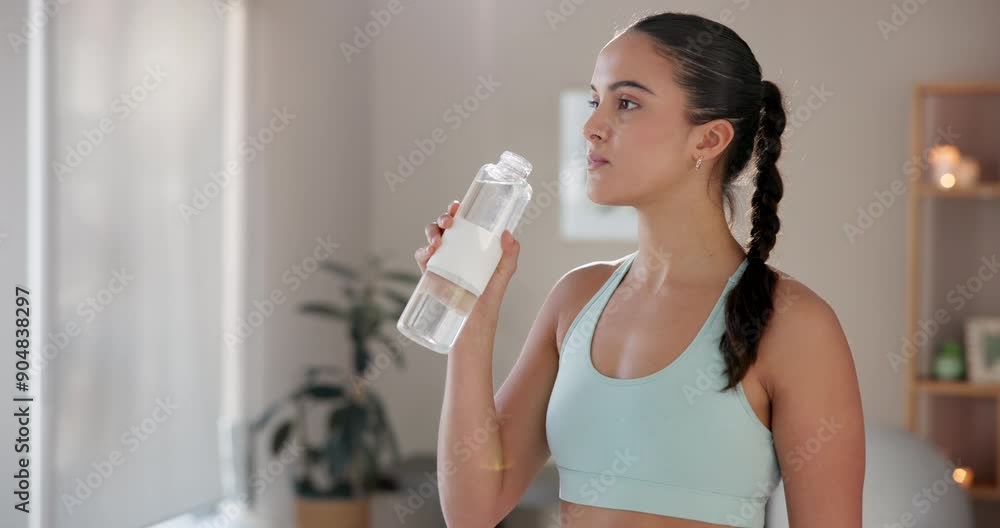 Home, woman and water for drinking after yoga, practice and relax with plastic bottle for wellness. Fitness class, female yogi and beverage as h2o liquid for thirst, hydration or health in house Home, woman and water for drinking after yoga, practice and relax with plastic bottle for wellness. Fitness class, female yogi and beverage as h2o liquid for thirst, hydration or health in house