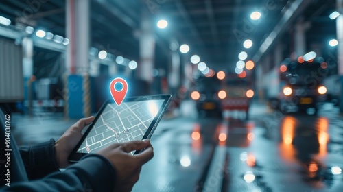 Person's Hand Holding a Tablet with a GPS Location Pin, Night Time, Cityscape, Transportation, GPS, location, app photo