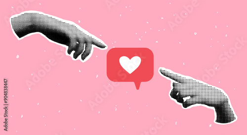 Modern collage with halftone hands and like button. Retro halftone hands reach out to the speech bubble with heart sign. Hands pointing index fingers at feedback sign. Social media addiction concept