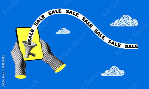 Halftone hands holding a tablet. On the tablet screen, a loudspeaker announces a sale. Modern collage style sale banner. Online shopping concept. Trendy newspaper elements. Retro style bullhorn