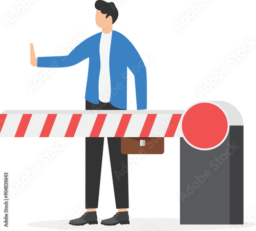 a man in a business suit stands behind a barrier,
