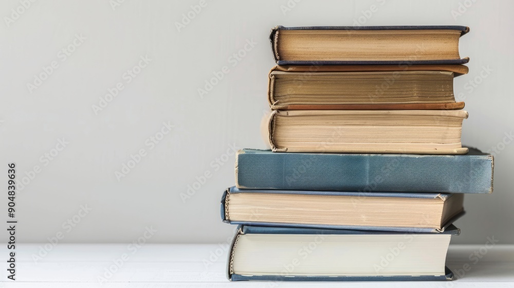 Stack of hardcover books on light background, space for text Stack of hardcover books on light background, space for text