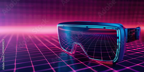 Creative AI concept. Augmented reality glasses floating on a neon grid. Copy text space. --ar 2:1 Job ID: 36980331-f982-48af-a99c-93acf5c79ec9 photo