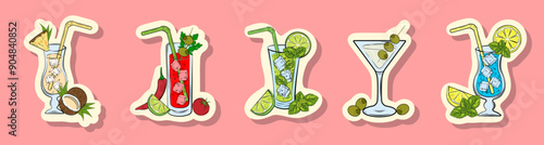 Collection of Summer Cocktail Stickers in hand drawn style. Bright set of alcoholic drinks for patch, web, social media, posters, banners, cards. Vector Illustration of mojito, pina colada.