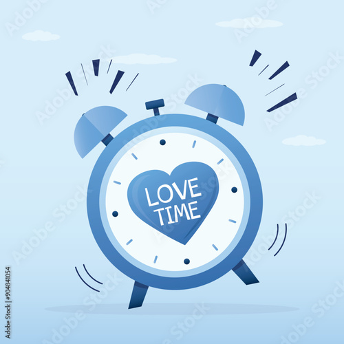 Alarm clock with heart. Wedding and valentine day concept. Тime to love with heart. Wake up with smile or date with my lover on Valentine time 14 february with watch and heart.