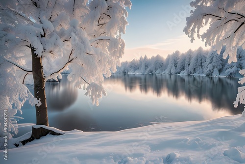 frozen lake surrounded by snow-covered trees, capturing the stillness and beauty of winter photo