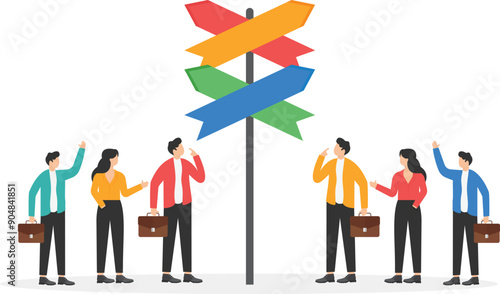people in business clothes standing near the direction sign, making a decision or discussing the way of business development

