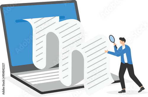 a man with a magnifying glass stands in front of a laptop from the screen of which a paper document comes out, folders and a signet, paperwork

