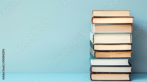Stack of hardcover books on light background, space for text