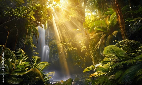 Sun Rays and Waterfalls in the Lush Green Jungle