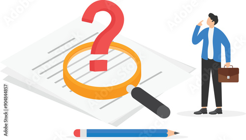 man in a business suit near a sheet of paper on which lies a magnifying glass and next to it is a question mark, studying a contract or document

