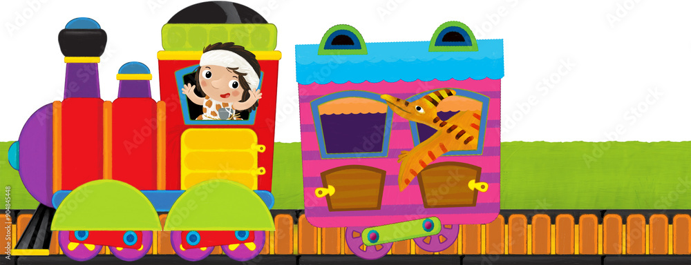 Fototapeta premium Cartoon funny looking colorful train locomotive wagon with dino dinosaur animal lizard and caveman conductor on tracks isolated illustration for children