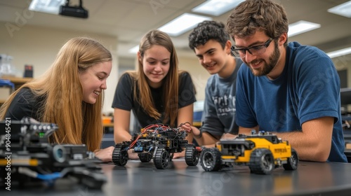Engaged Students and Teacher Working Together on Robotics Project in Technology Lab