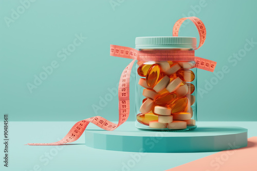 Mockup of a Jar of Dietary Supplements Wrapped with Measuring Tape for Minimalism Dietary Supplements Concept Advertisement photo