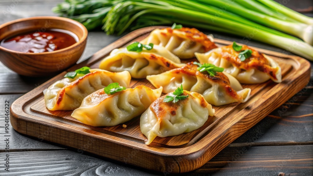 Savory pan-fried gyoza dumplings jiaozi on a wooden board, garnished with green onions, served with dipping sauce, and steamed bok choy on the side. Savory pan-fried gyoza dumplings jiaozi on a wooden board, garnished with green onions, served with dipping sauce, and steamed bok choy on the side.