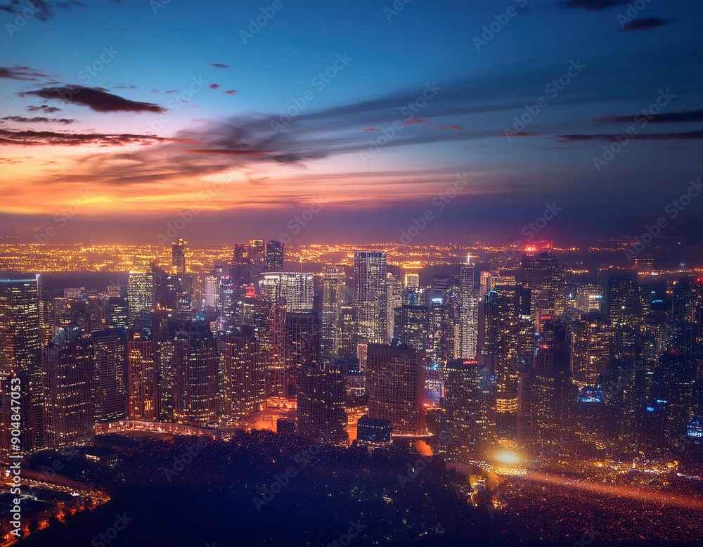 Beautiful aerial view of modern city skyline and skyscrapers at crimson sunset in the evening Beautiful aerial view of modern city skyline and skyscrapers at crimson sunset in the evening