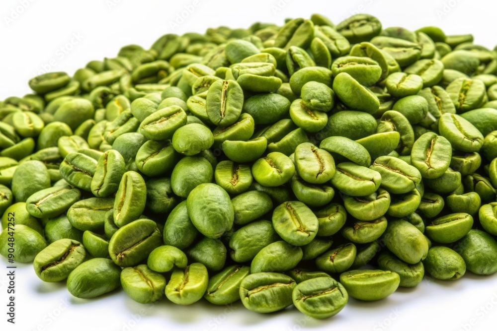 Freshly harvested green coffee beans scattered on a transparent background, with some beans slightly overlapping, showcasing their unique shapes and vibrant green color. Freshly harvested green coffee beans scattered on a transparent background, with some beans slightly overlapping, showcasing their unique shapes and vibrant green color.