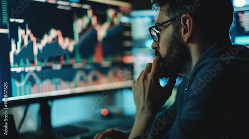 A person studies stock market trends displayed on multiple monitors in a contemporary workspace during late evening hours