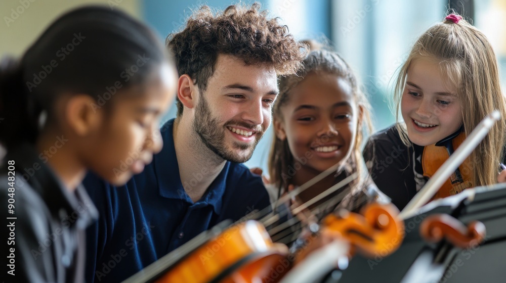 Fototapeta premium Diverse Group of Students and Teacher Collaborating on Music Composition Project in Classroom