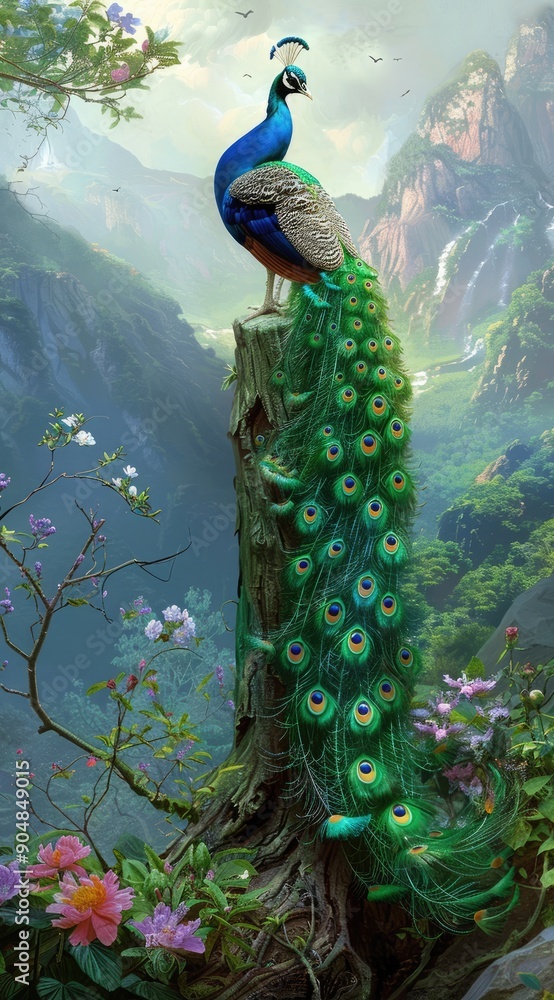Obraz premium Peacock on a Tree Stump in a Lush Tropical Landscape