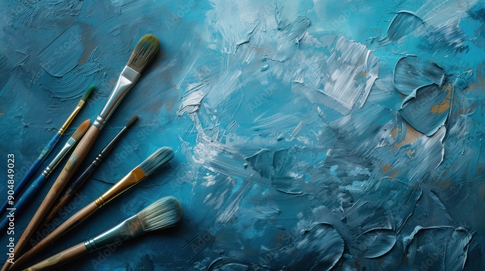 Fototapeta premium Abstract Blue Canvas Background with Paintbrushes.