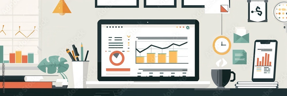 A well-organized home office equipped with a laptop, smartphone, coffee cup, and charts, ideal for e-commerce and financial tasks. Generative AI A well-organized home office equipped with a laptop, smartphone, coffee cup, and charts, ideal for e-commerce and financial tasks. Generative AI