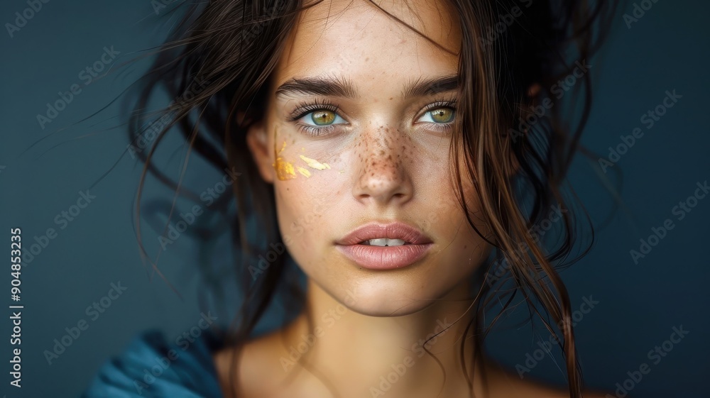 Photorealistic portrait of a woman with a fierce gaze and a gold streak on her jawline. Photorealistic portrait of a woman with a fierce gaze and a gold streak on her jawline.