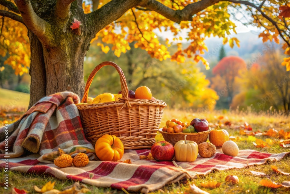 Cozy autumn picnic setup beneath a rustic tree, adorned with vibrant fallen leaves, featuring a plush blanket, woven basket, and seasonal treats like apples and pumpkins. Cozy autumn picnic setup beneath a rustic tree, adorned with vibrant fallen leaves, featuring a plush blanket, woven basket, and seasonal treats like apples and pumpkins.