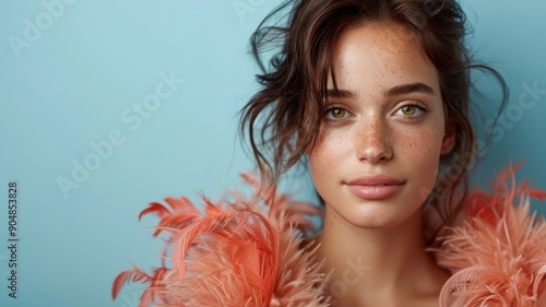 A woman with a fierce gaze poses in a brown and red feather boa. photo