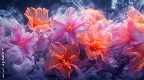 Stunningly beautiful flowers are surrounded by soft mist, creating a truly dreamy and ethereal atmosphere