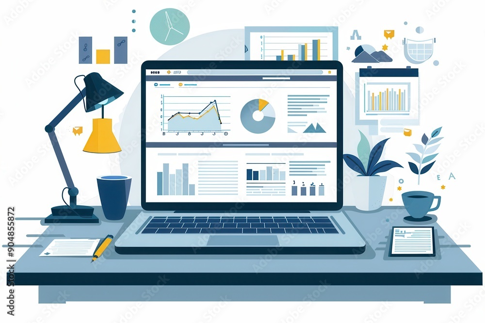A modern home office displays a laptop showcasing a financial website, surrounded by a smartphone, coffee, and documents filled with charts and graphs. Generative AI A modern home office displays a laptop showcasing a financial website, surrounded by a smartphone, coffee, and documents filled with charts and graphs. Generative AI