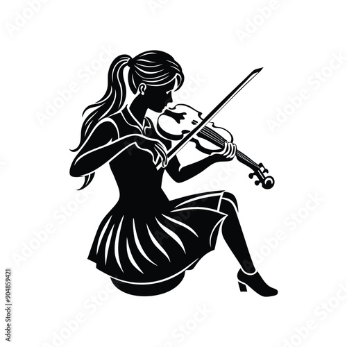beautiful sitting girl violinist silhouette vector
