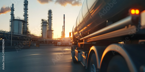 Oil refinery and associated tanker trucks photo