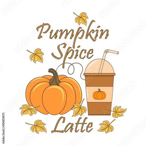 Pumpkin spice latte in a takeaway cup with a straw and ripe pumpkin, vector illustration with lettering, poster, banner, design elements.