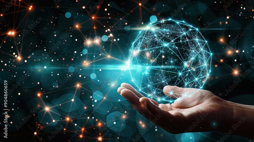 Hand Holding a Glowing Digital Globe with Network Connections Hand Holding a Glowing Digital Globe with Network Connections