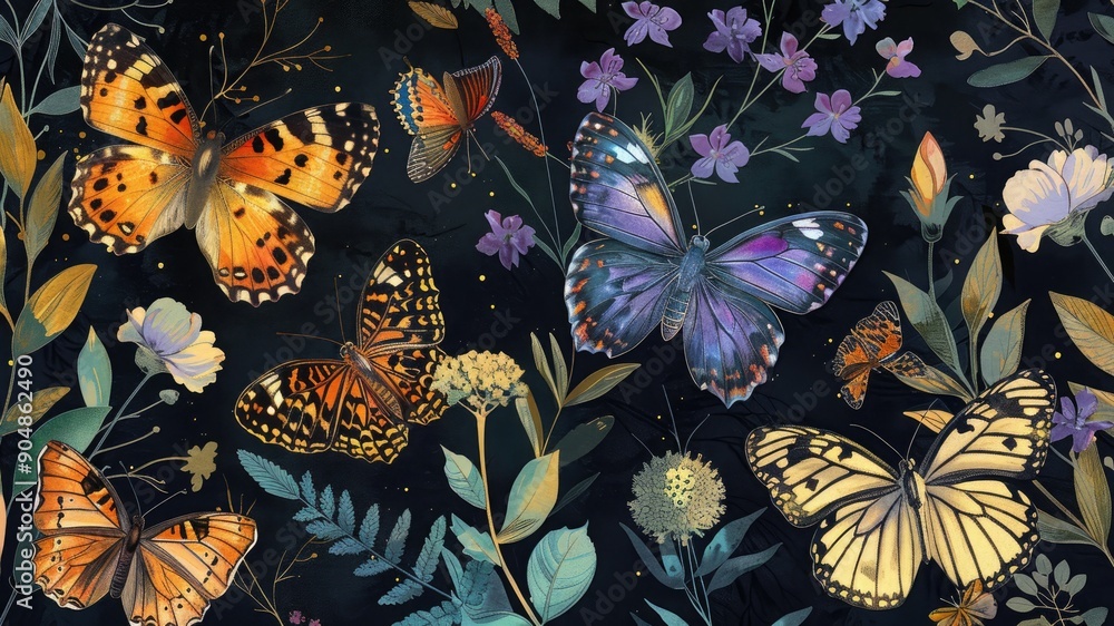 Illustration of butterflies in flight with vibrant wings, surrounded by nature elements like flowers and leaves, set against a dark, elegant background. Illustration of butterflies in flight with vibrant wings, surrounded by nature elements like flowers and leaves, set against a dark, elegant background.
