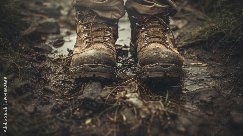 12. Hiking Boots, movie style, muted tones, textured pattern, close-up, high contrast, reflections, vignetting, 12. Hiking Boots, movie style, muted tones, textured pattern, close-up, high contrast, reflections, vignetting,